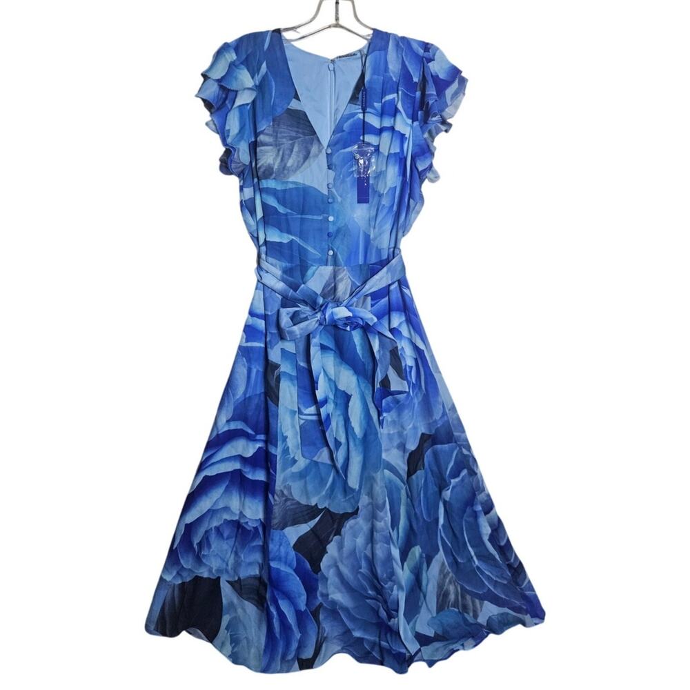 NWT Elie Tahari Watercolor Floral Midi Blue Lapis Silk Dress US 6